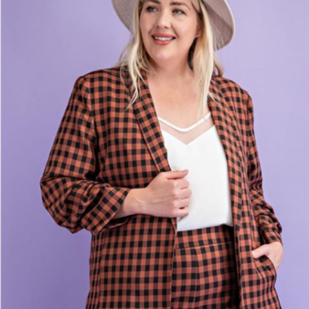 Black and Brown Plaid Blazer with Tailored Collar